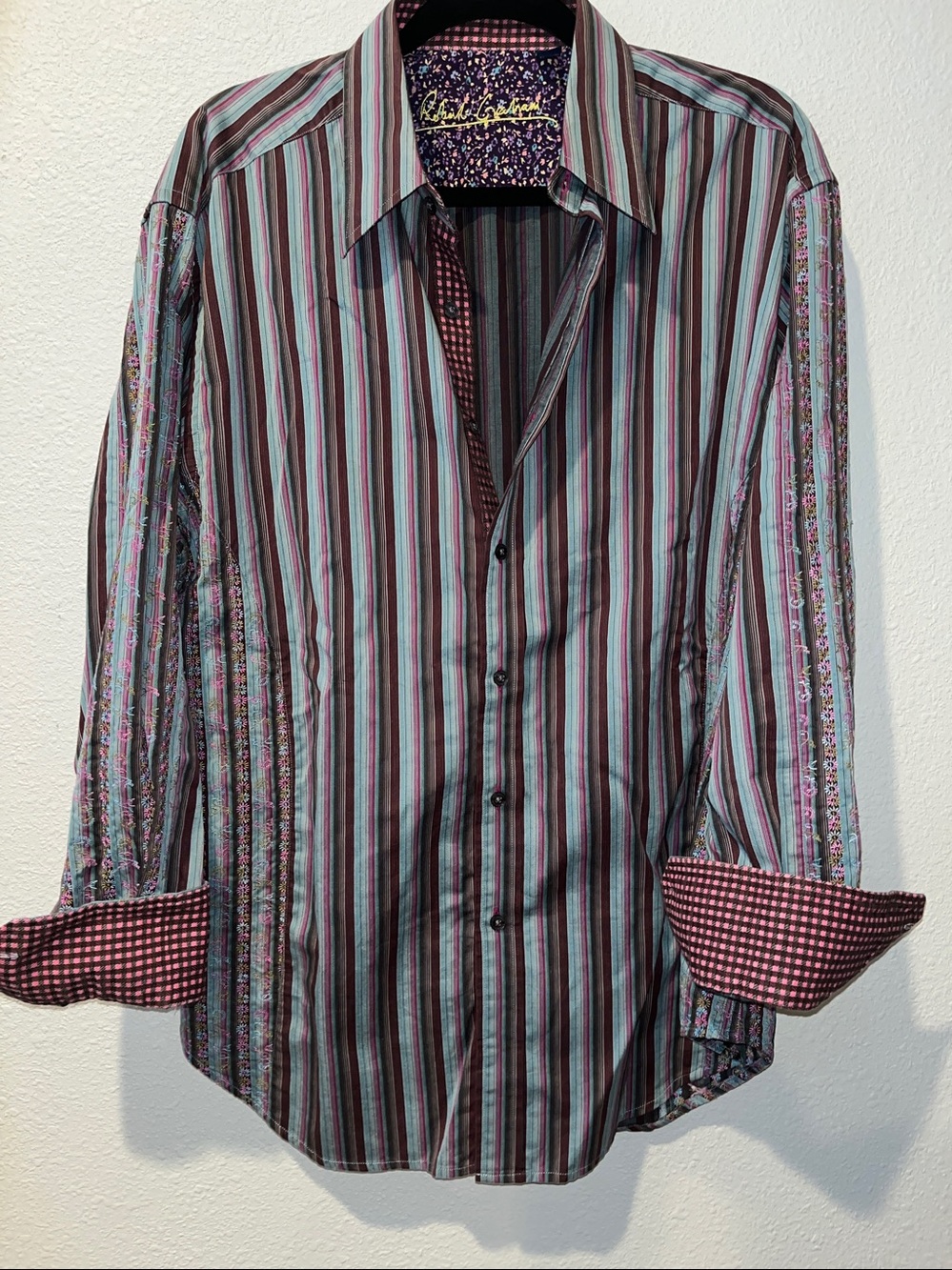 Robert Graham Multi-Stripe Dress Shirt in Burgundy, Teal, and Gray 
Sz XL